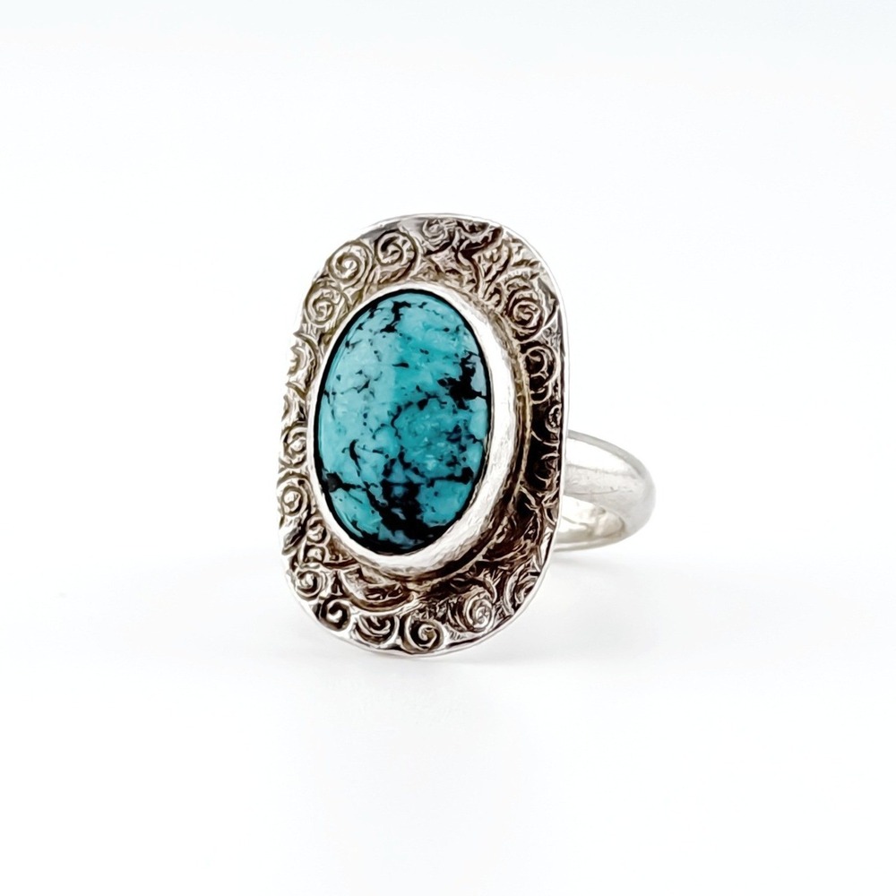 Vintage Turquoise Sterling Silver Oval Scrollwork Statement Ring Size 5